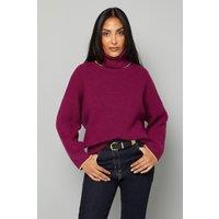Wallis Women's Petite Roll Neck Gold Detail Jumper in Plum | Size: Large