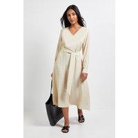Wallis Women's Petite Denim Look Tie Waist Midi Dress in Stone | Size: 14