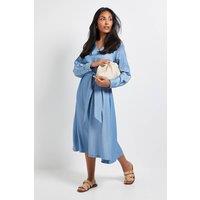 Wallis Women's Petite Denim Look Tie Waist Midi Dress in Light Wash | Size: 14