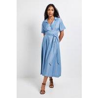 Wallis Women's Petite Denim Look Zip Belted Midi Dress in Light Wash | Size: 14