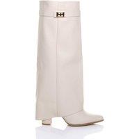 AJVANI Women's High Block Heel Pointed Toe Fold Over Knee Boots in Beige | Size: 4