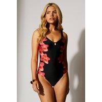South Beach Women's Printed Ring Detail Swimsuit in Black | Size: 12