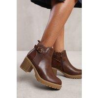 Where's That From Women's 'Maylah' Mid Block Heel With Buckle Detail Stretch Ankle Boots in Brown | Size: 5