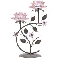 Hestia Pink Glass Rose 2 Stem Candle Holder On Taupe Base
