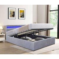 Comfy Living Ltd Fabric Modern Gas Lift Ottoman Bed Frame With LED in Light Grey | Size: Small Double