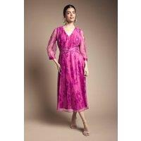 Wallis Women's Mesh Pleated Twist Waist Midi Dress in Pink | Size: 14