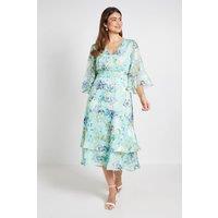 Wallis Women's Floral Burn Out Flared Sleeve Midi Dress in Sage | Size: 16