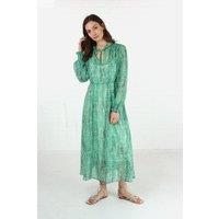 Sarta Women's Chevron Print Shirred Shoulder Midi Dress in Green | Size: 16-18