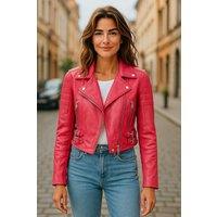 Infinity Leather Women's Cropped Brando Leather Biker Jacket-Durban in Fuchsia | Size: 24
