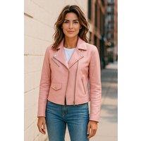 Infinity Leather Women's Vintage Classic Brando Biker Leather Jacket - Soweto in Baby Pink | Size: 24