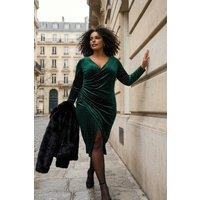 WOVCOR Women's Embellished Ruched Velvet Midi Wrap Dress with Side Split in Emerald | Size: 4XL