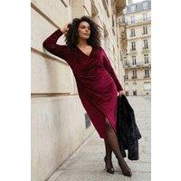 WOVCOR Women's Embellished Ruched Velvet Midi Wrap Dress with Side Split in Burgundy | Size: 5XL