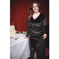 WOVCOR Women's Embellished Ruched Velvet Midi Wrap Dress with Side Split in Black | Size: 3XL