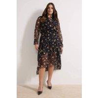 WOVCOR Women's Floral Print Sheer Sleeve High-Low Midi Dress with Tie Neck | Size: 14