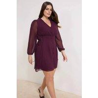 WOVCOR Women's Button Detail V-Neck Sheer Sleeve Mini Dress in Burgundy | Size: 16