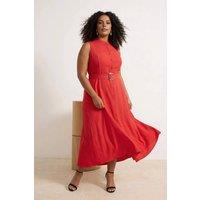 WOVCOR Women's High Neck Belted Button Front Midi Dress in Red | Size: 18