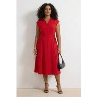 WOVCOR Women's Collared V Neck Belted Midi Shirt Dress in Red | Size: 14