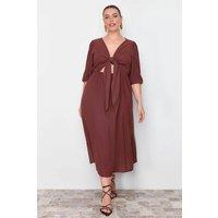 WOVCOR Women's V Neck Cut Out Tie Detail Midi Dress in Brown | Size: 18
