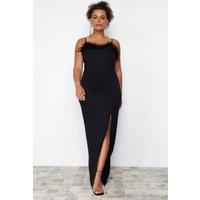 WOVCOR Women's Strappy Feather Trim Split Maxi Evening Dress in Black | Size: 14