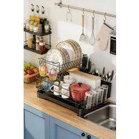 ExtraStar 2-Tier Detachable Dish Drying Rack with Utensil & Wine Glass Holder in Black