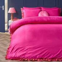 OHS Print Frill Edge Duvet Cover Set with Pillowcase Microfibre Bedding in Bright Pink | Size: Double
