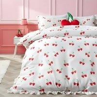 OHS Cherry Frill Edge Duvet Cover Set with Pillowcase Microfibre Bedding in White | Size: Double