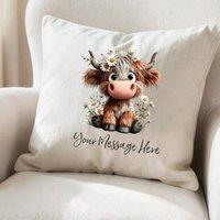 Aye Do Gifts Daisy Highland Cow Personalised Cushion in Beige | Size: 40 cm x 40 cm