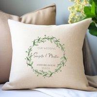 Aye Do Gifts Personalised Green Floral Wedding Cushion in Cream | Size: 40 cm x 40 cm