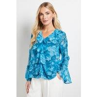 Wallis Women's Petite Floral Lace Trim Ruffle Blouse in Blue | Size: 18