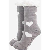 Sock Talk Women's Love Heart Long Fluffy Socks Slippers with Grips in Grey | Size: 3-7