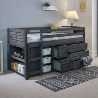 Amani Cozy Grey Solid Pine Mid Sleeper, Drawers, Shelves & Left Ladder in Charcoal | Size: Single