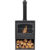 OKO Bio Ethanol Fires S4 Bio Ethanol Stove with Log Storage in Charcoal Grey with Tall Angled Stove Pipe