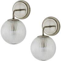 ValueLights Kempton Pair of Ribbed Glass Globe Shade Wall Lights with Bulbs in Silver