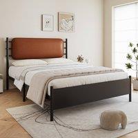 BTM Metal Bed with PU Upholstered Headboard, Black Iron Frame | Size: Single