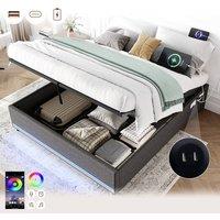 BTM Hydraulic Storage Bed with APP Control LED, Side Charging Station Grey | Size: King