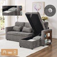 BTM Modern L-Shaped Convertible Sofa Bed with Storage & Charging Station in Grey