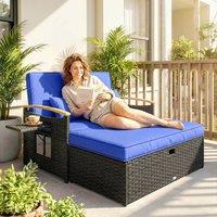 OUTSUNNY Double Garden Rattan Daybed with Storage Ottoman, Brown in Blue | Size: 120 cm x 70 cm