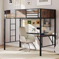 Costway Loft Bed Single Size w/ Desk & Shelf Metal Bedframe w/Safety Guardrail in Brown