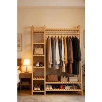 ExtraStar Anti-Tipping Trapezoidal Bamboo Clothing Rack with Side Shelves in Natural