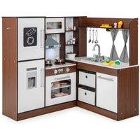 Costway Corner Play Kitchen Wooden Toddler Kitchen Playset w/ Lighted Range Hood in Brown