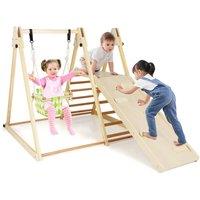 Costway 4-in-1 Climbing Ramp & Ladder Set Kids Playground Playset w/Baby Swing in Natural