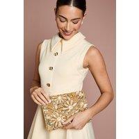 Coast Women's Felicia Embroidered Envelope Clutch Bag With Crossbody Strap in Gold