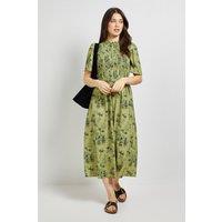 Dorothy Perkins Women's Green Floral Shirred Bodice Drop Waist Midi Dress | Size: 8