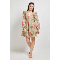 Dorothy Perkins Women's Green Floral Printed Frill Detail Blouson Sleeve Mini Dress | Size: 18