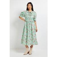 Dorothy Perkins Women's Petite Tie Front Frill Sleeve Printed Poplin Midi Dress in Floral | Size: 6