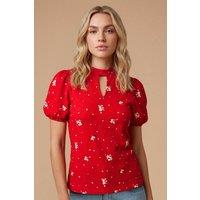 Dorothy Perkins Women's Red Ditsy Keyhole Neck With Puff Sleeve Blouse | Size: 18