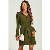 FS Collection Women's Belted Long Sleeve Mini Shirt Dress in Olive | Size: Small