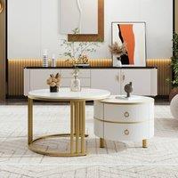 BTM 2-in-1 Round MDF Coffee Table, Glossy & Marble Top, 2 Drawers, White
