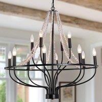 NIVOR 12-Light Dimmable Wagon Wheel Chandelier with Beaded Accents Pendant in Black