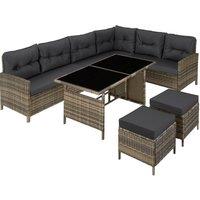 tectake 8 Seater Garden Furniture Set with Cushions, Footstools & Table in Natural | Size: XL